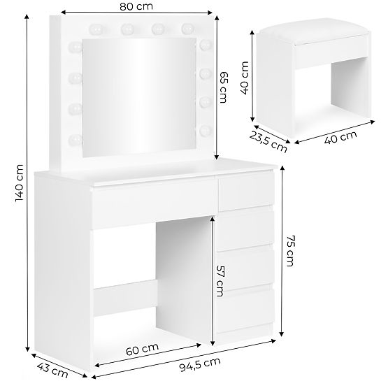 Cosmetic Dressing Table with Mirror and Lighting 5 Drawers Stool ModernHome