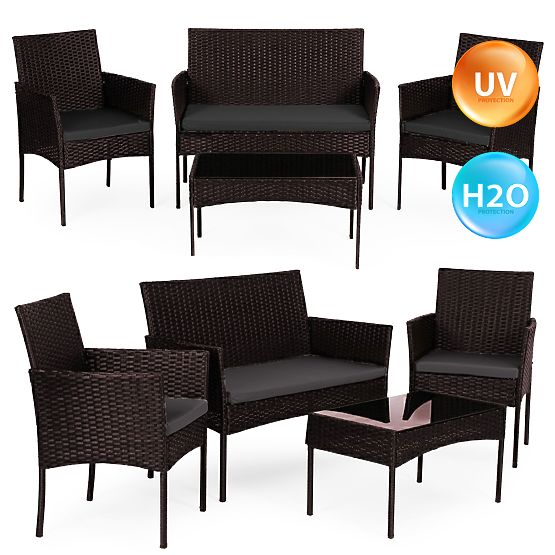 Dark Brown MultiGarden Rattan Garden Furniture Set with Bench, Table, and Chairs