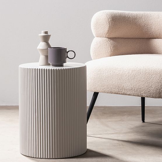 Ermanno Side Table, 35 cm, Gray-Beige, Grooved