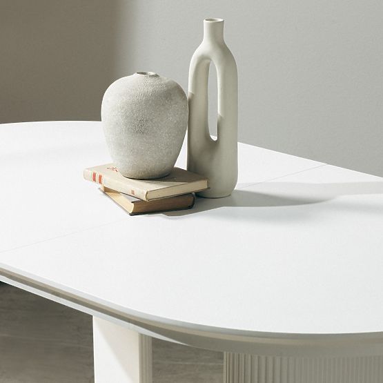 Extendable Table Audrey 160-240 cm, Oval, White, with Grooving, Rounded Shapes