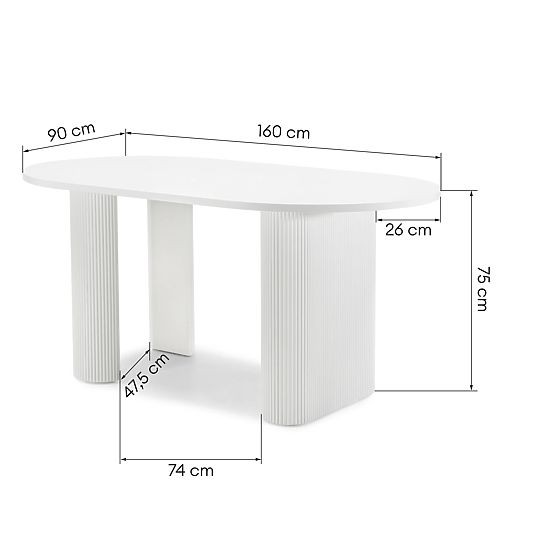 Extendable Table Audrey 160-240 cm, Oval, White, with Grooving, Rounded Shapes