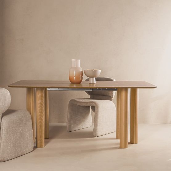 Extendable Table Loa 140-200 cm, Oak Veneer, Natural, Beech Wood, Rounded