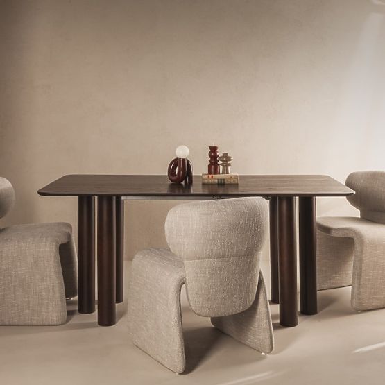 Extendable Table Loa 140-200 cm, Oak Veneer, Walnut, Beech Wood, Rounded