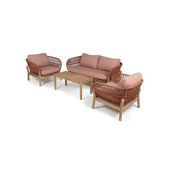 Fiorentino Garden Furniture Set Teak Look, Weave, Light Acacia Wood FSC, Terracotta, Rounded