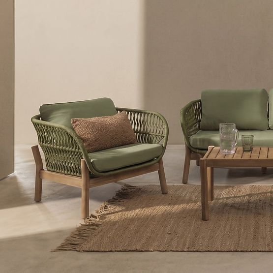Fiorentino Garden Furniture Set Teak Look, Woven, Light Acacia Wood FSC, Green, Rounded