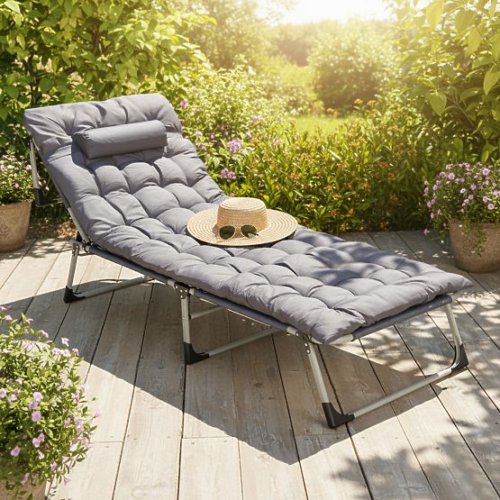 Fishing Garden Folding Lounger with Mattress and Pillow Gray MultiGarden