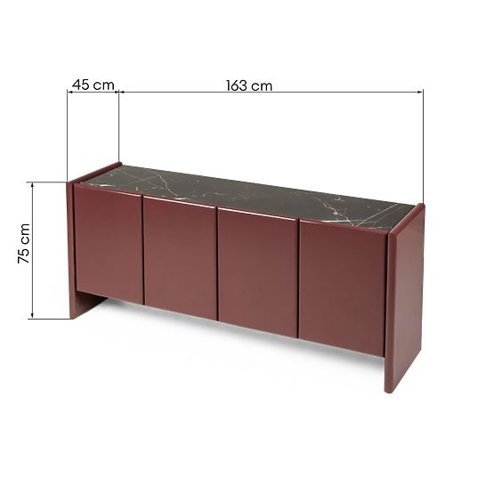 Four-Door Sideboard Loren, Burgundy/Brown, Marble, Glossy