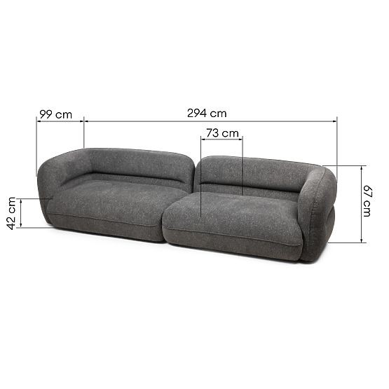 Four-seater living room sofa Luvio gray, rounded shapes