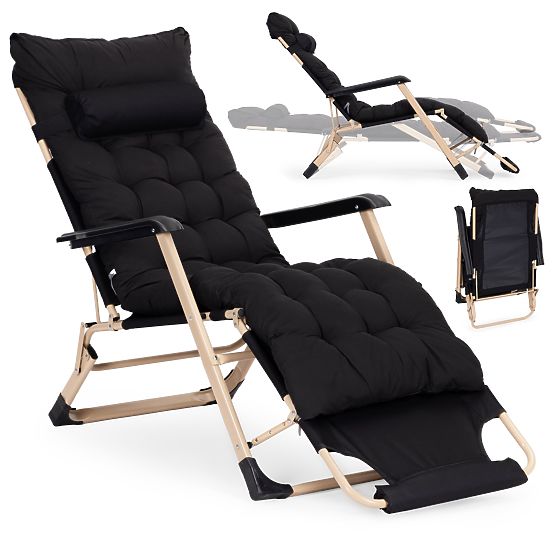 Garden Beach Lounger 2-in-1 with Pillow, Adjustable Footrest, Black, Gold Frame MultiGarden