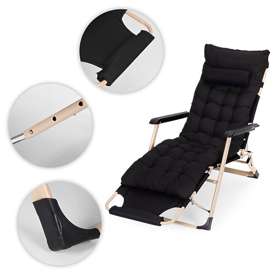 Garden Beach Lounger 2-in-1 with Pillow, Adjustable Footrest, Black, Gold Frame MultiGarden
