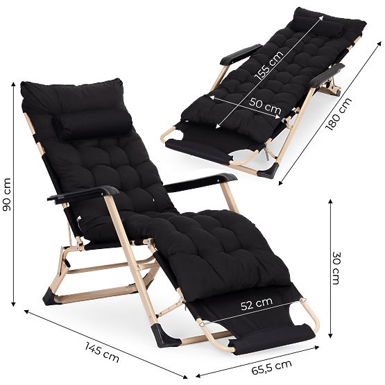 Garden Beach Lounger 2-in-1 with Pillow, Adjustable Footrest, Black, Gold Frame MultiGarden