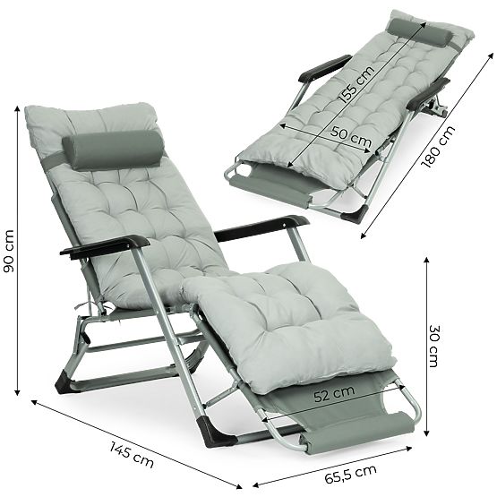 Garden Beach Lounger 2-in-1 with Pillow and Adjustable Footrest Grey MultiGarden