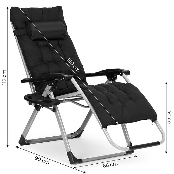 Garden Beach Lounger with Adjustable Backrest and Pillow + Headrest Black MultiGarden