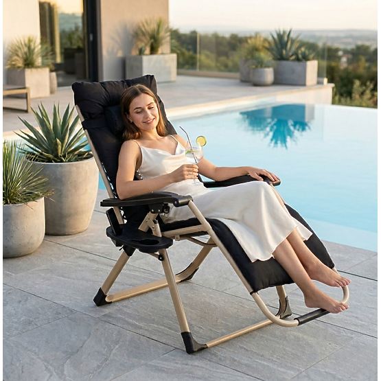 Garden Beach Lounger with Pillow and Adjustable Backrest Black with Gold Frame MultiGarden