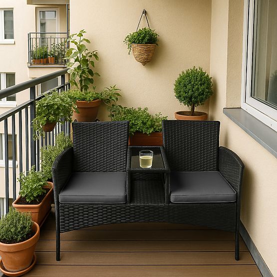 Garden Bench from Technorattan Sofa CORDOBA Black with Gray Cushions