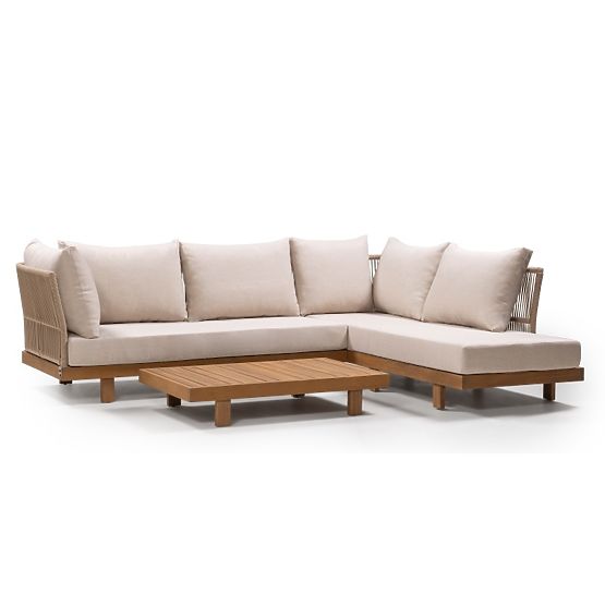 Garden Corner Sofa with Table Borgetto, Wicker, Acacia Wood FSC, Teak Look, Light B
