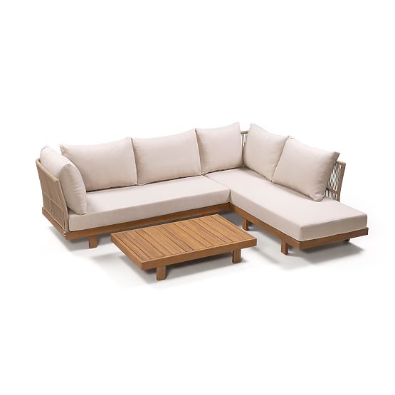 Garden Corner Sofa with Table Borgetto, Wicker, Acacia Wood FSC, Teak Look, Light B