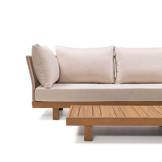 Garden Corner Sofa with Table Borgetto, Wicker, Acacia Wood FSC, Teak Look, Light B