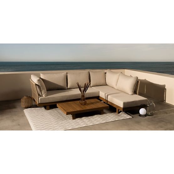 Garden Corner Sofa with Table Borgetto, Wicker, Acacia Wood FSC, Teak Look, Light B