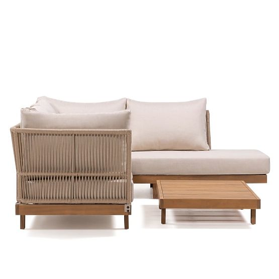 Garden Corner Sofa with Table Borgetto, Wicker, Acacia Wood FSC, Teak Look, Light B