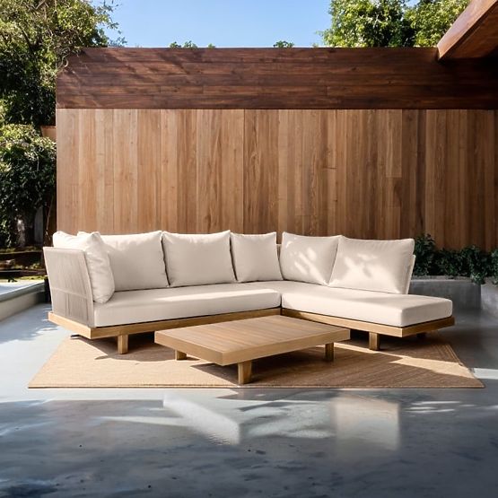 Garden Corner Sofa with Table Borgetto, Wicker, Acacia Wood FSC, Teak Look, Light B