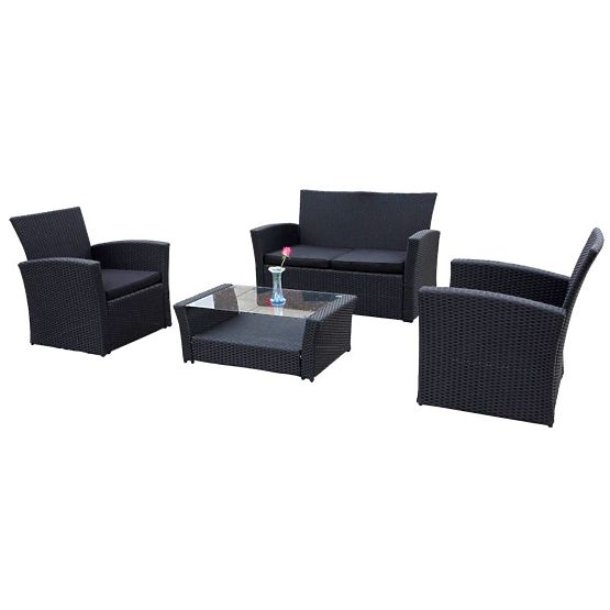 Garden Furniture from Technorattan (Sofa 123cm, 2 x Armchair + Table) UNICO Black