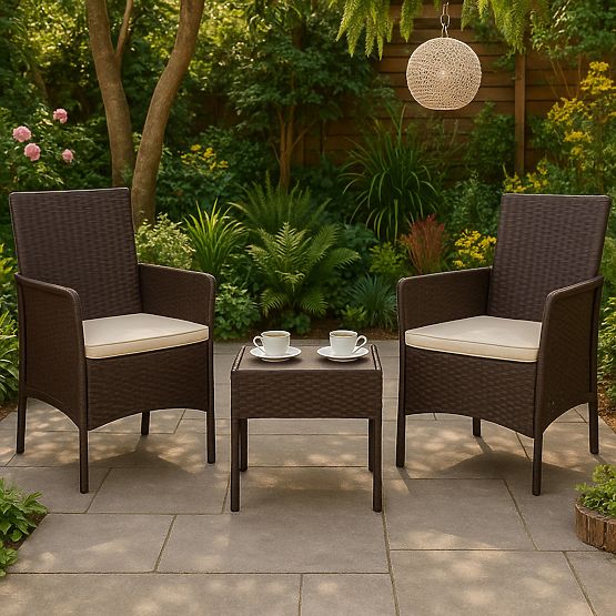 Garden Furniture Set 2 Chairs + Table Tempered Glass Brown MultiGarden