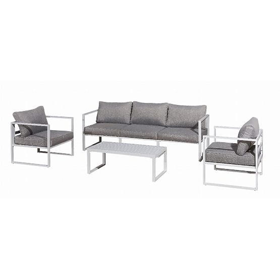 Garden Furniture Set (Large 3-Seater Sofa, 2 x Armchair + Table) MOSTRARE White Aluminum, Gray Cushi