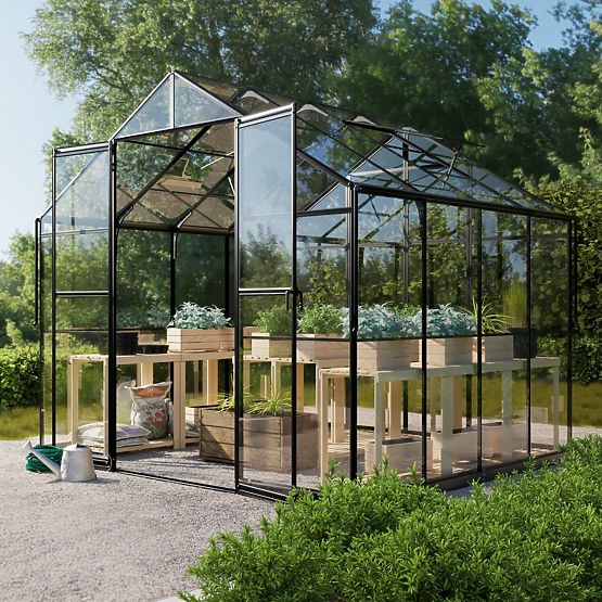 Garden Greenhouse ProGlass Classic Compact 7.7 m² with Base, Tempered Glass 4 mm, Aluminum