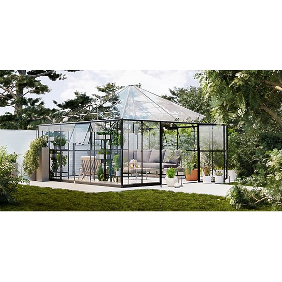 Garden Orangery ProGlass Gazebo Large with Base 17.8 m² Tempered Glass 4 mm, Aluminum, Black