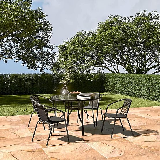 Garden Round Table 105 cm for Terrace, Garden, Balcony, Tempered Glass, Parasol Hole MultiGarden