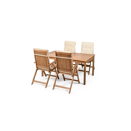Garden Set Familis Table 160 cm + 4 Chairs with Adjustable Backrests and Cream Cushions, Wood