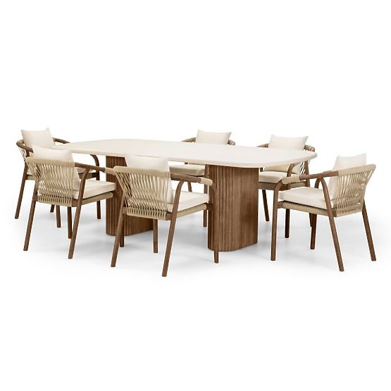 Garden Set Rovigo Table with Stone Top 220 cm and 6 Chairs with Woven Cord, Dark Wood