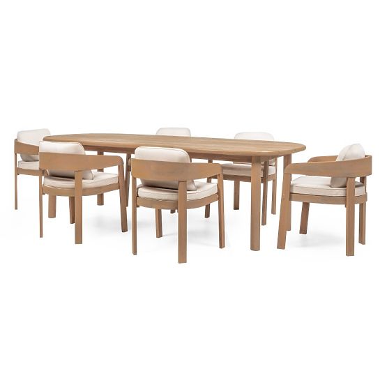 Garden Set Satori II, Table 240 cm + 6 Chairs, FSC Acacia Wood, Teak Look, Beige, Rounded