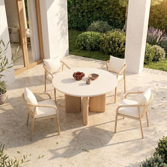 Garden Table Komorebi 130 cm with Stone Top, Light Acacia Wood/Light Beige, Round, Slats