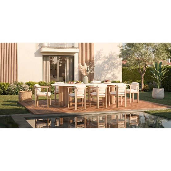 Garden Table Komorebi 270 cm with Stone Top, Light Acacia Wood/Light Beige, Oval, Slats