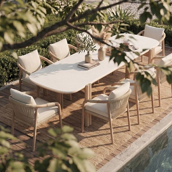 Garden Table Komorebi 280 cm with Stone Top, Light Acacia Wood/Light Beige, Rectangular