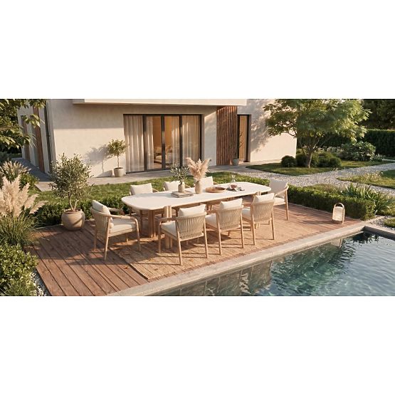 Garden Table Komorebi 280 cm with Stone Top, Light Acacia Wood/Light Beige, Rectangular