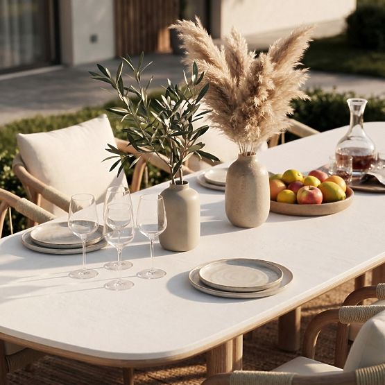 Garden Table Komorebi 280 cm with Stone Top, Light Acacia Wood/Light Beige, Rectangular