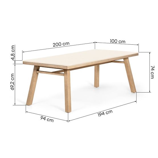 Garden Table Wabi 200 cm with Stone Top, Light Acacia Wood/Light Beige, Rectangular