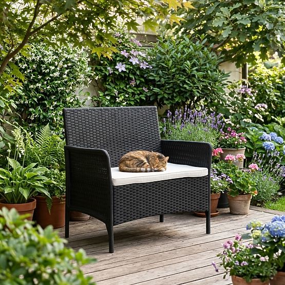Garden Two-Seater Sofa with Cushion Bench for Balcony Terrace Garden Black MultiGarden