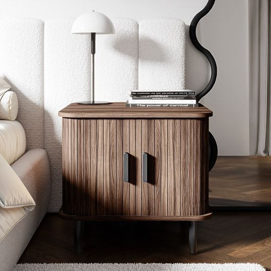 Gliss Nightstand, Rounded, Slats, Dark Walnut