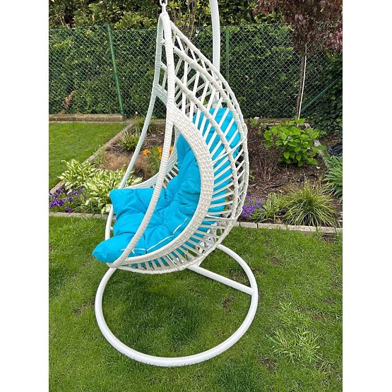 Hanging Chair BELLISSIMO (chair + frame) in White Technorattan with Blue Cushion, Cover GRA