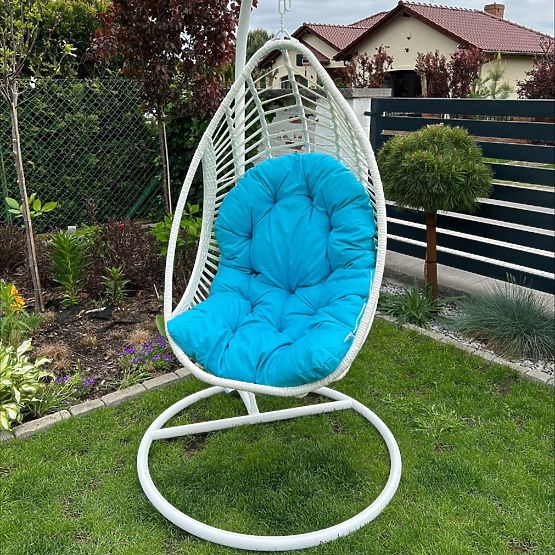 Hanging Chair BELLISSIMO (chair + frame) in White Technorattan with Blue Cushion, Cover GRA