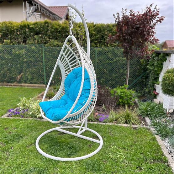 Hanging Chair BELLISSIMO (chair + frame) in White Technorattan with Blue Cushion, Cover GRA