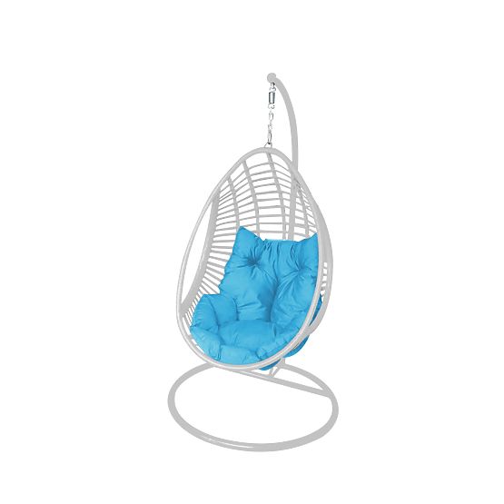 Hanging Chair BELLISSIMO (chair + frame) in White Technorattan with Blue Cushion, Cover GRA