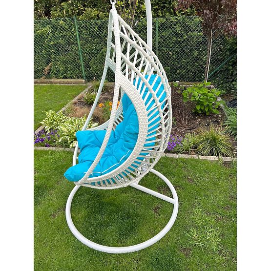 Hanging Chair BELLISSIMO (chair + frame) in White Technorattan with Blue Cushion, Cover GRA