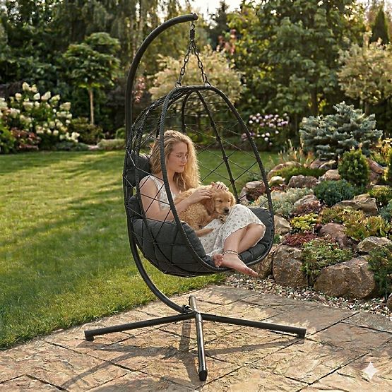 Hanging Freestanding Garden Cocoon Chair up to 120 kg with Black Cushions MultiGarden