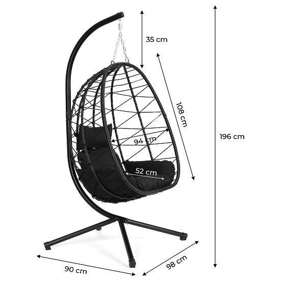 Hanging Freestanding Garden Cocoon Chair up to 120 kg with Black Cushions MultiGarden