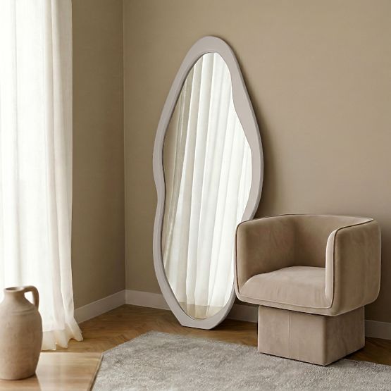 Hanging Mirror in Wooden Frame Mara, 180x80 cm, Irregular Shape, Cream